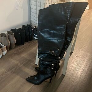 Fashion to figure thigh high crocodile boots for wide calves